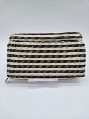 Thirty-One Gray Tan Stripe Double Zip Around Continental Wallet Organizer